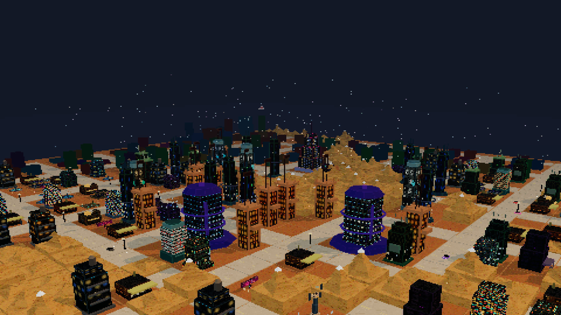 Arcology gameplay — a neon district at golden hour
